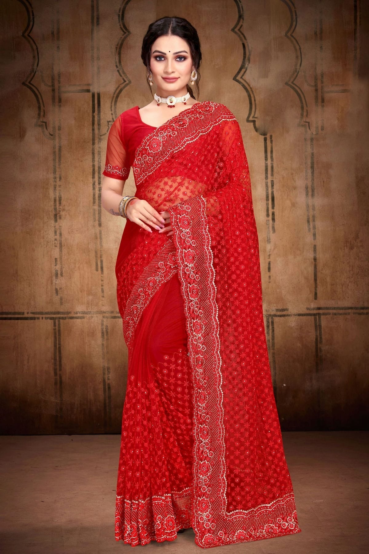 red colour net saree sd1090749