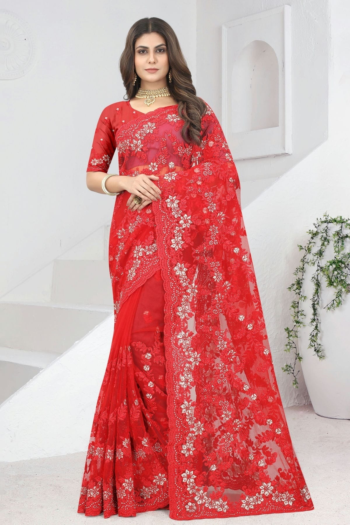 red colour net saree sd1090837