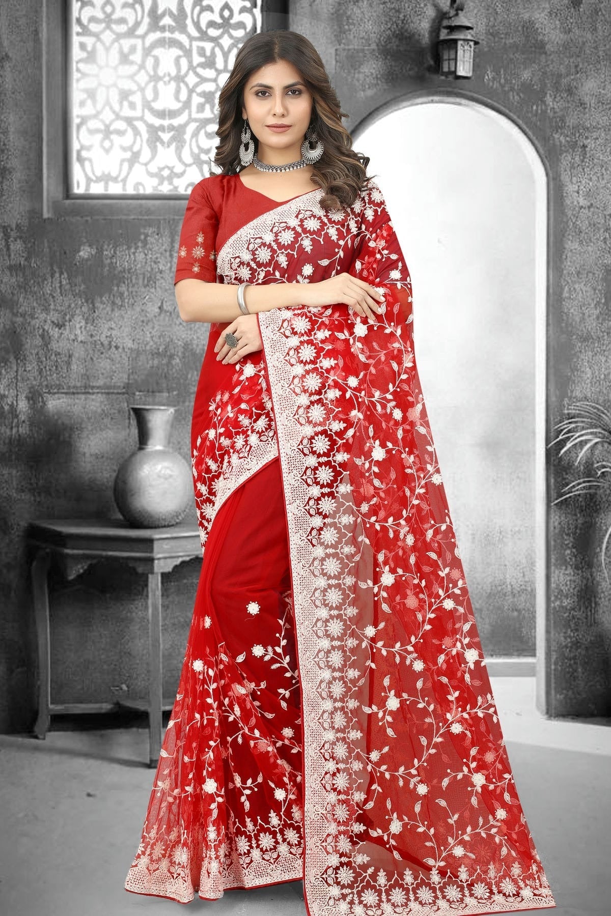 red colour net saree sd1090845