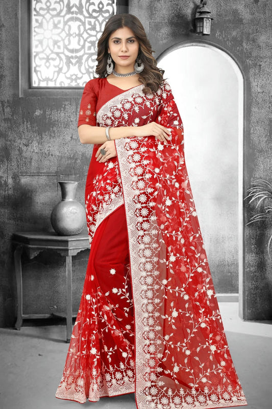 red colour net saree sd1090845