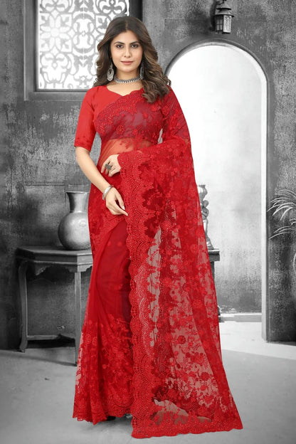 red colour net saree sd1090849