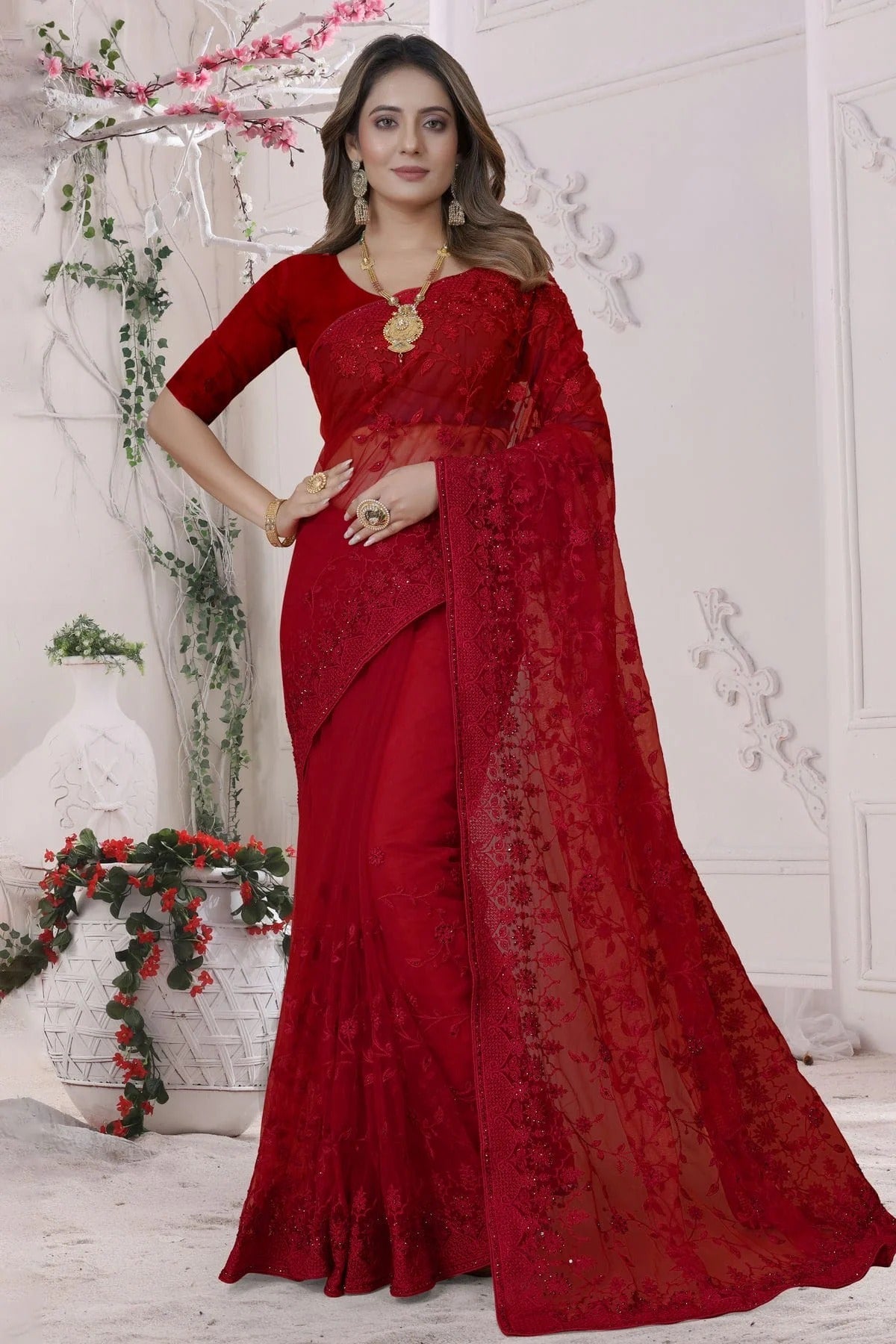 red colour net saree sd1090875