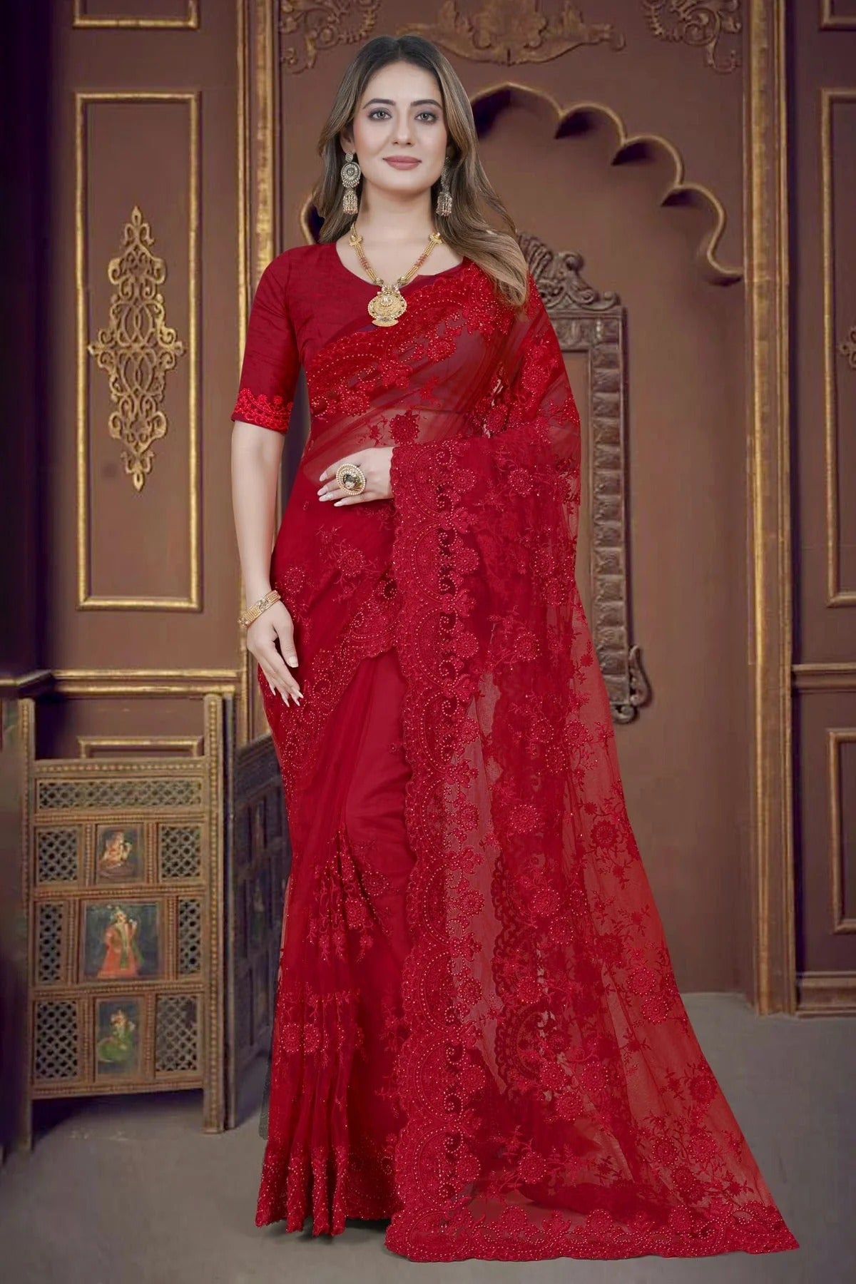 red colour net saree sd1090907