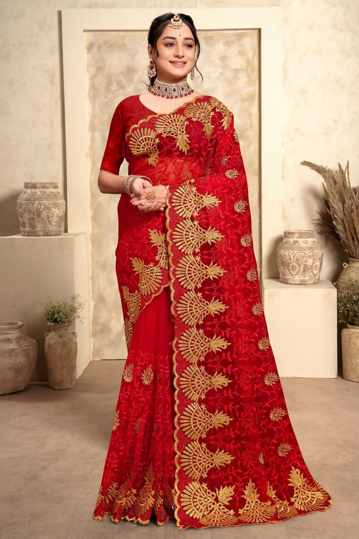red colour net saree sd1090984