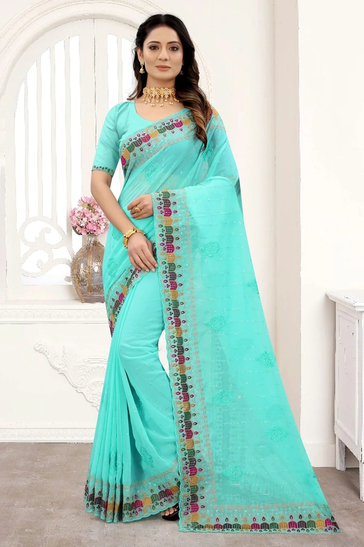 sky blue colour georgette saree sd1090931