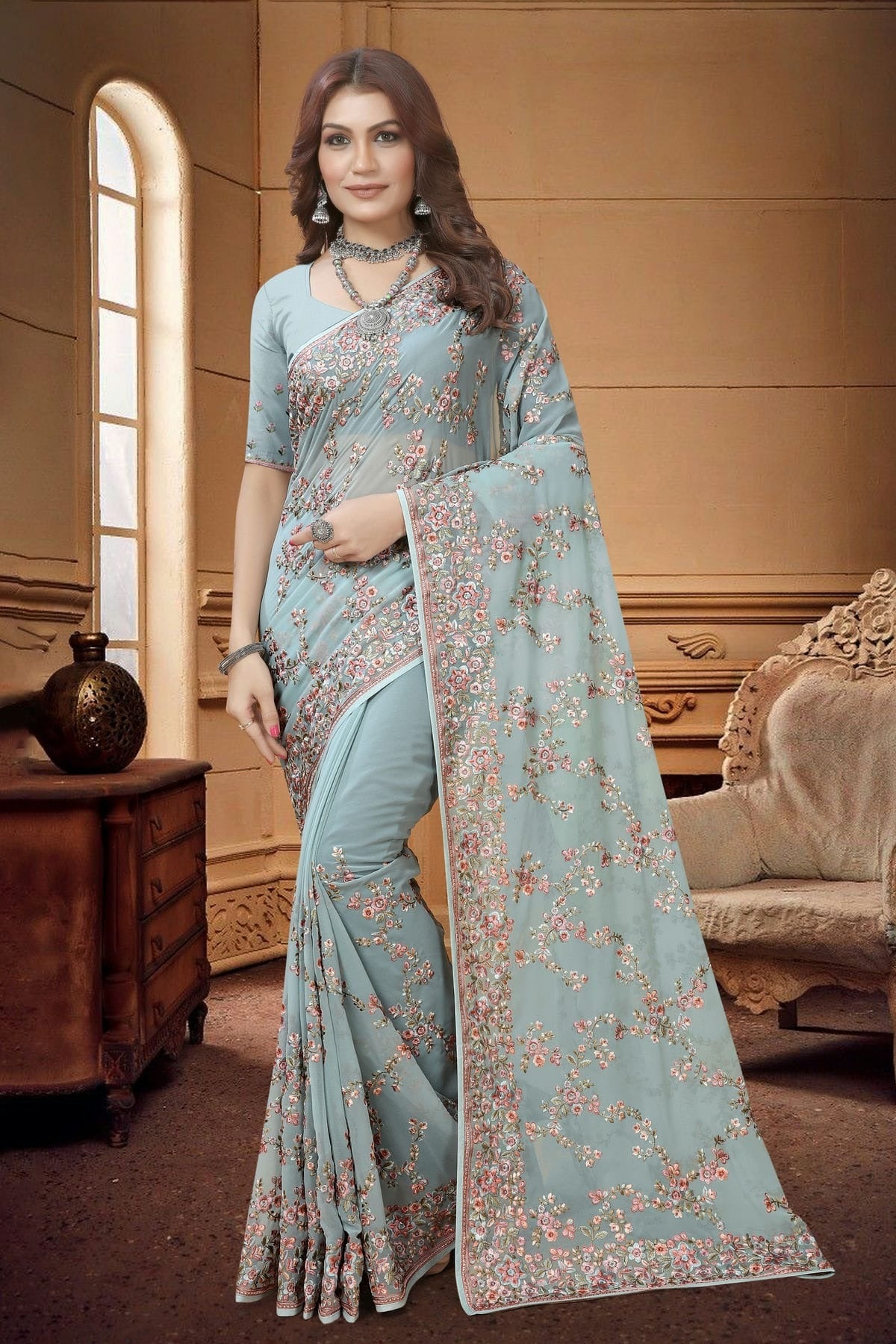 slate blue colour georgette saree sd1090938