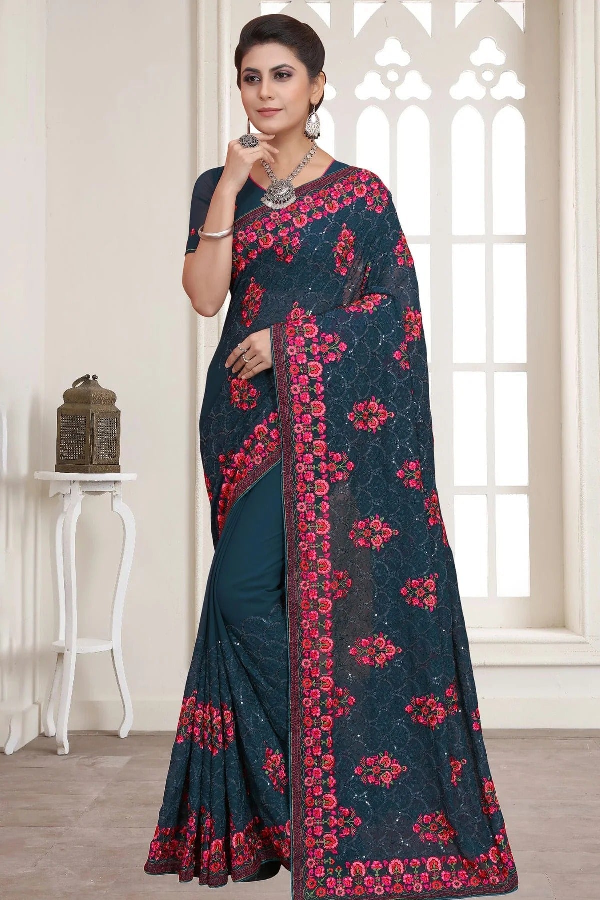 teal colour georgette saree sd1090779