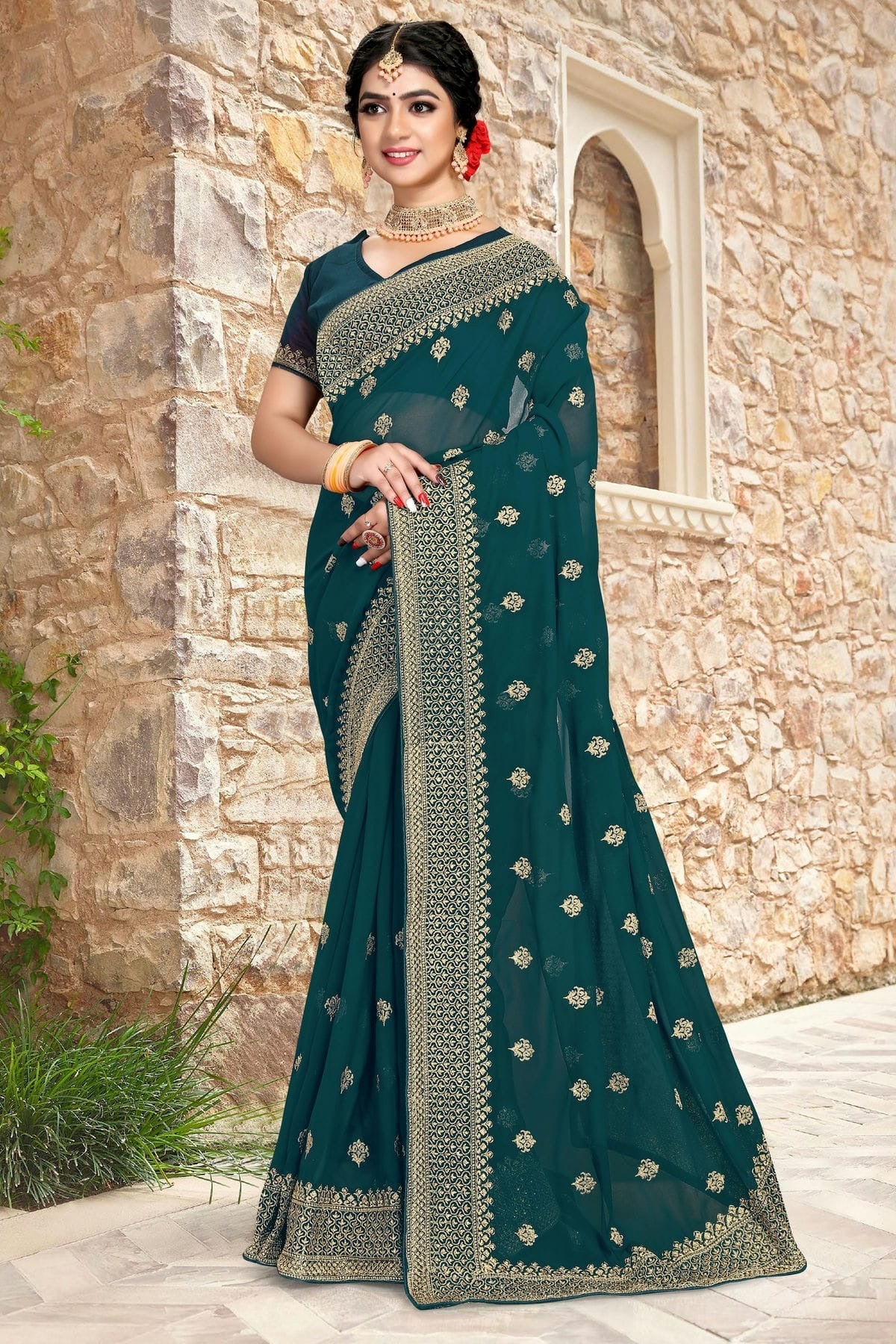 teal colour georgette saree sd1090795