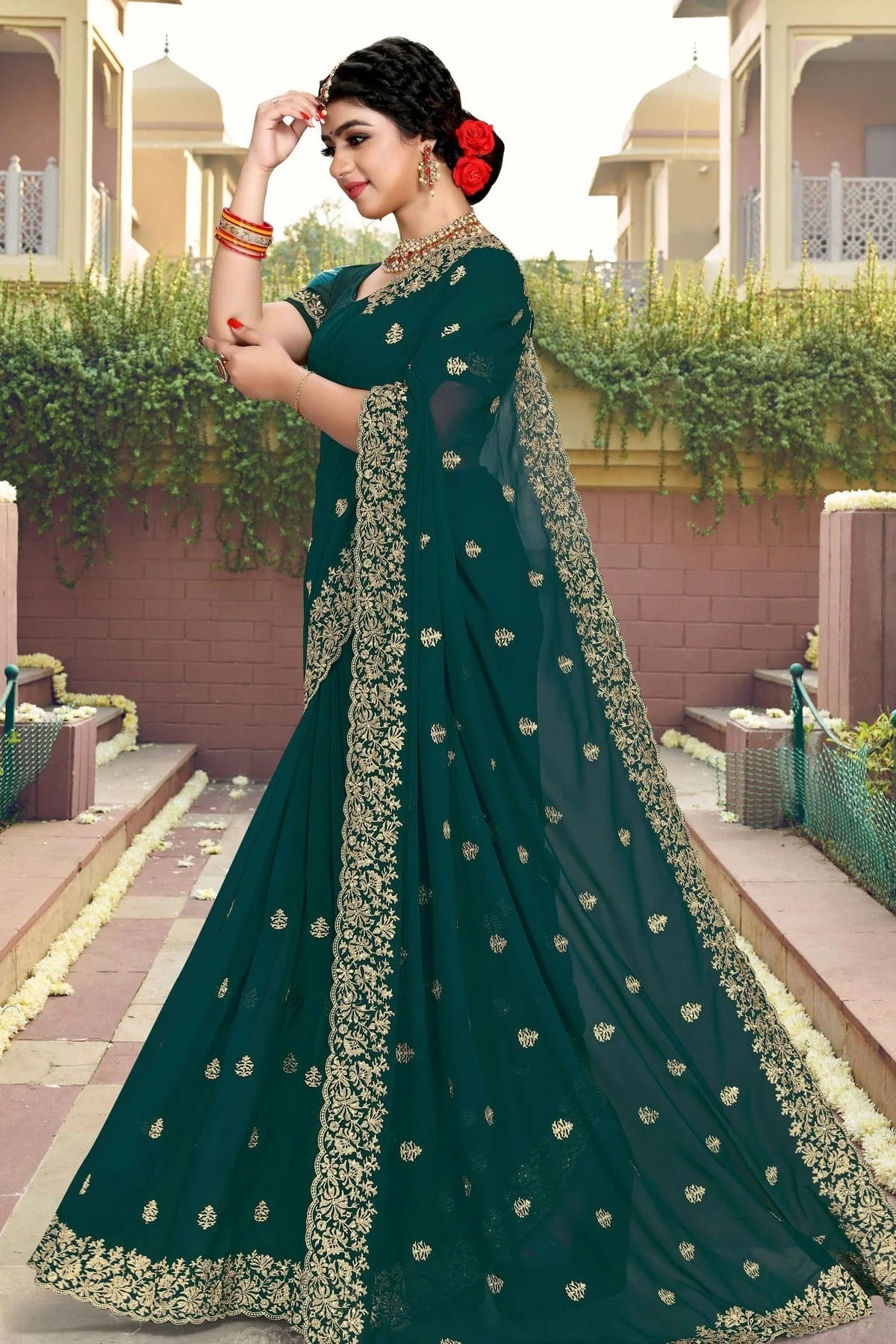 teal colour georgette saree sd1090803
