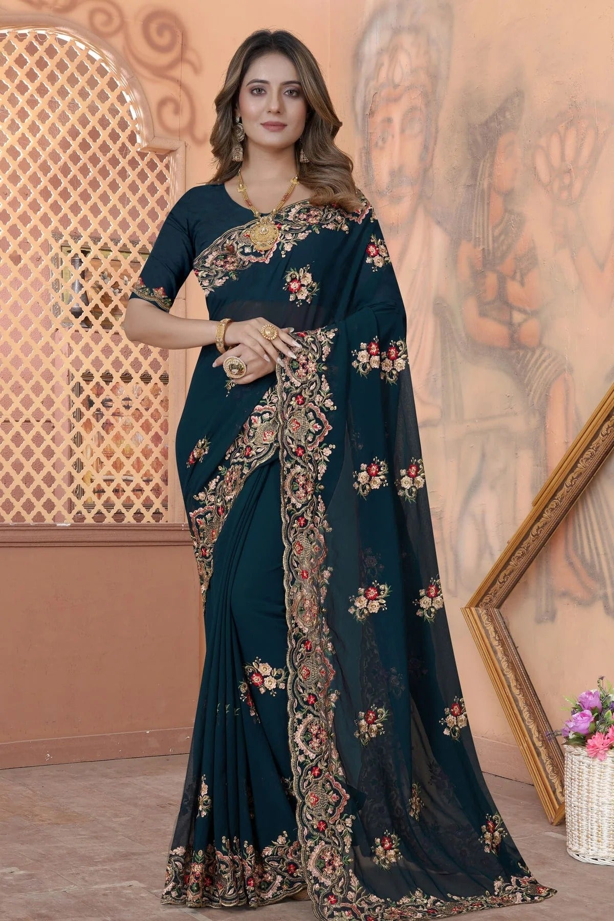 teal colour georgette saree sd1090873