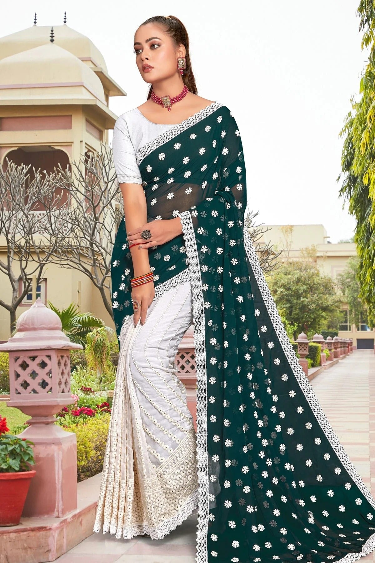 teal colour georgette saree sd1090946