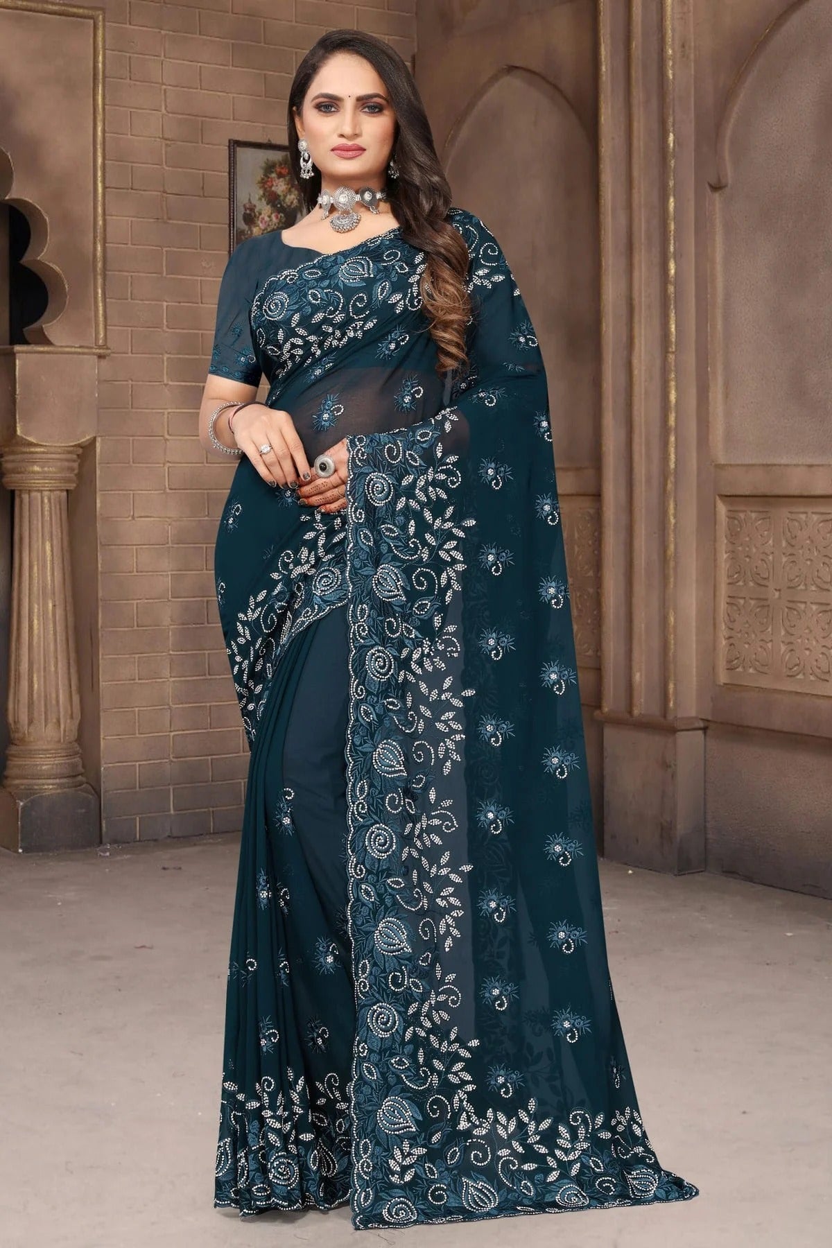 teal colour georgette saree sd1090968