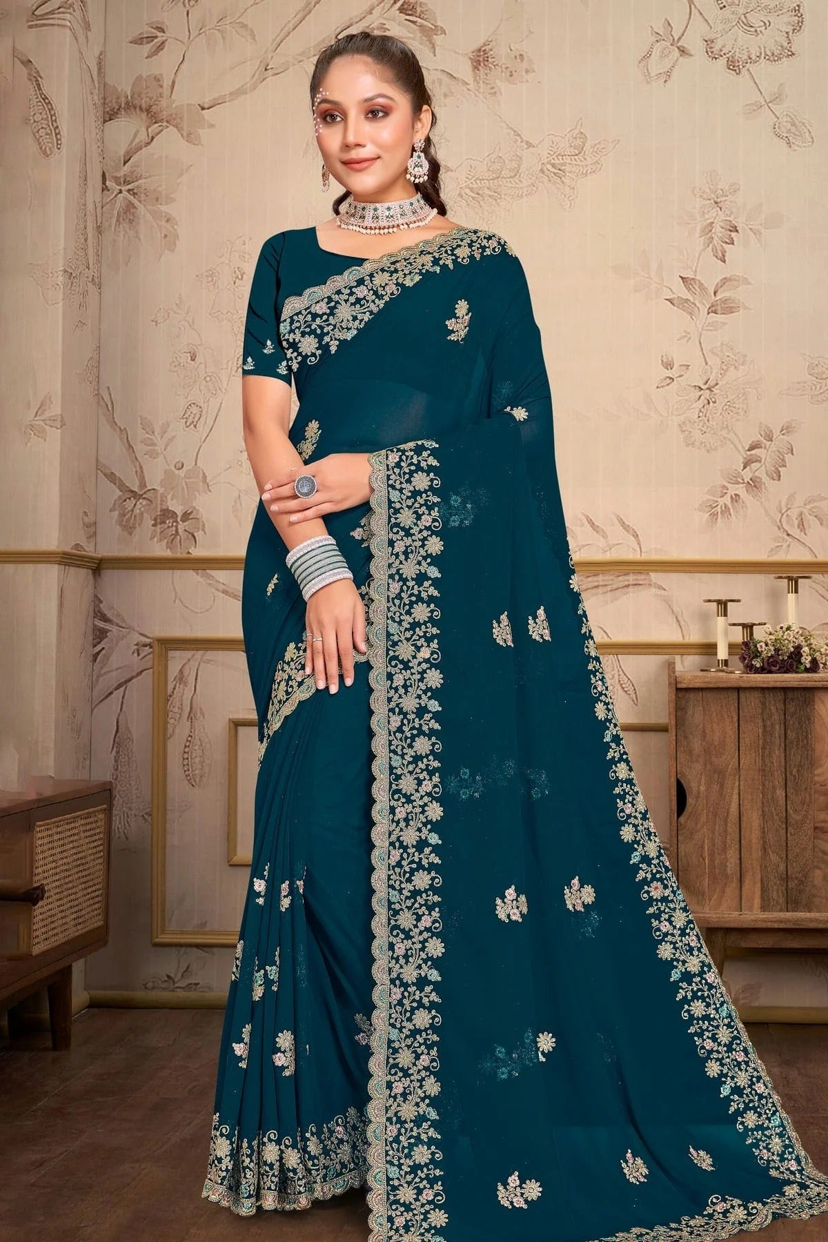 teal colour georgette saree sd1090978