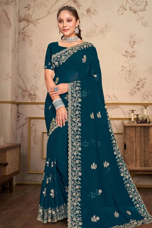 teal colour georgette saree sd1090978