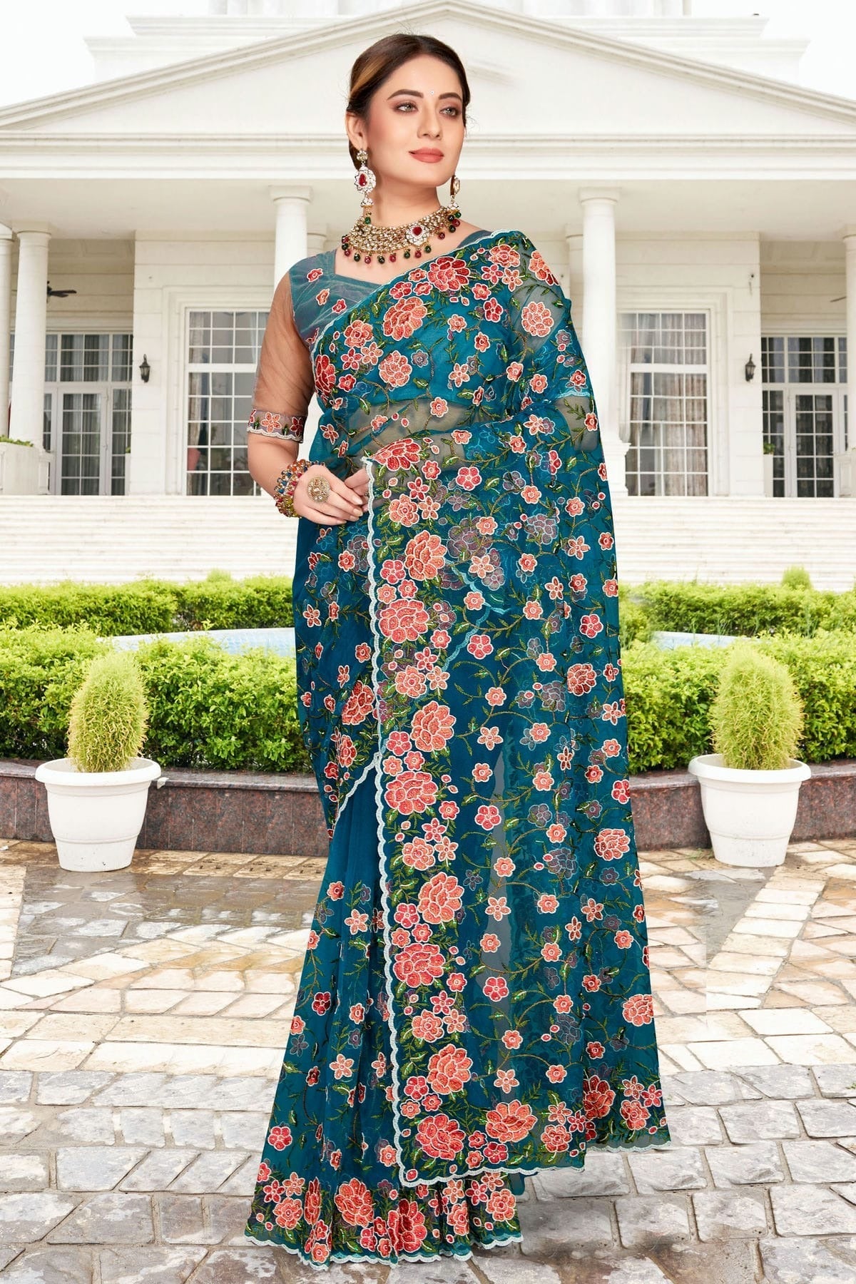 teal colour net saree sd1090761