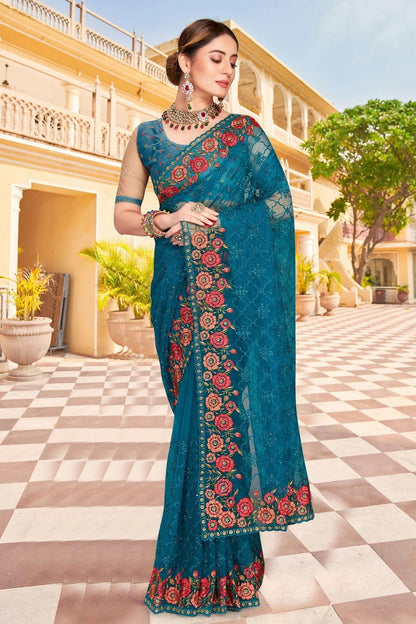 teal colour net saree sd1090767