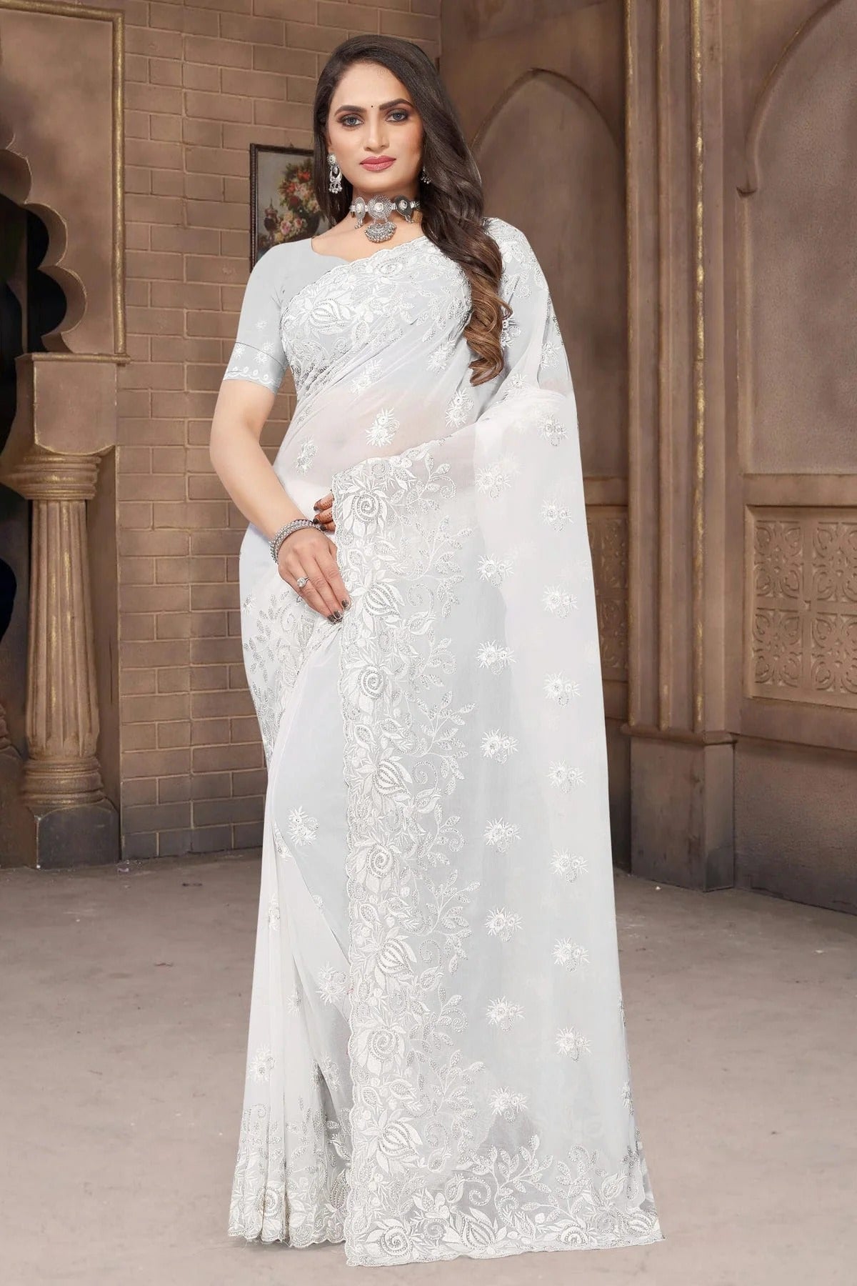 white colour georgette saree sd1090964