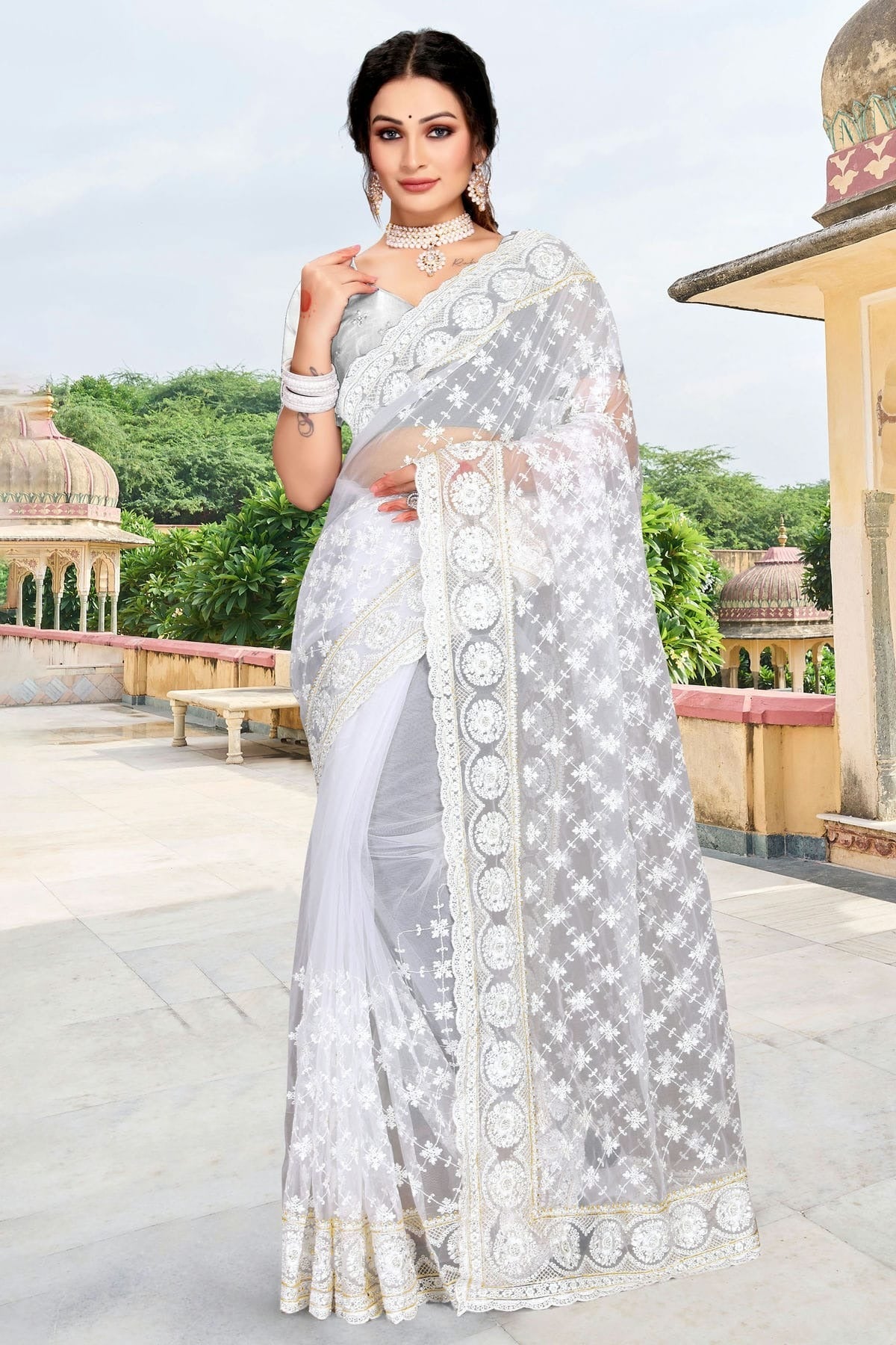 white colour net saree sd1090748