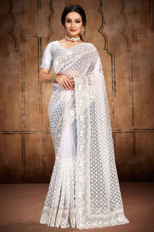 white colour net saree sd1090755