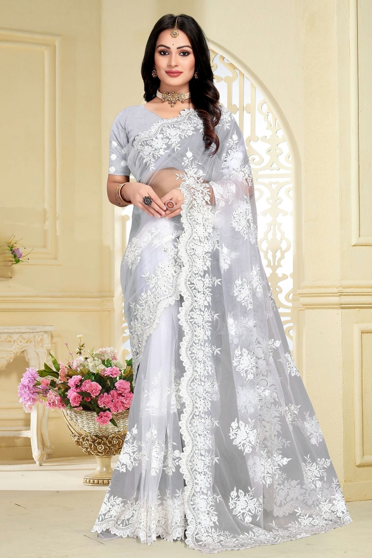 white colour net saree sd1090813