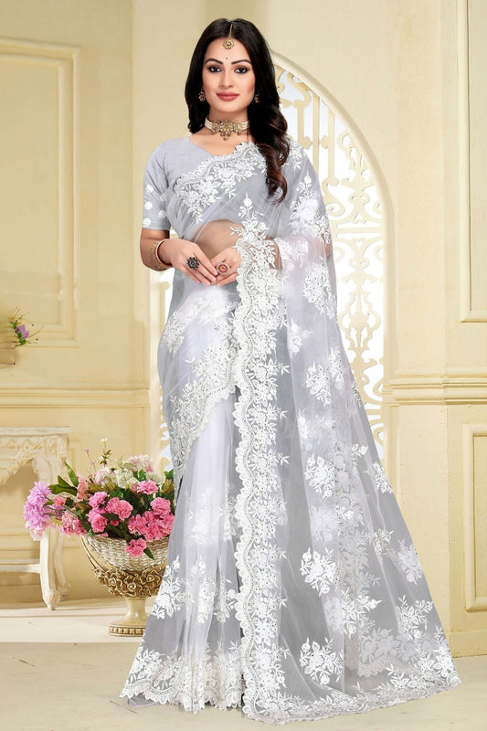 white colour net saree sd1090813