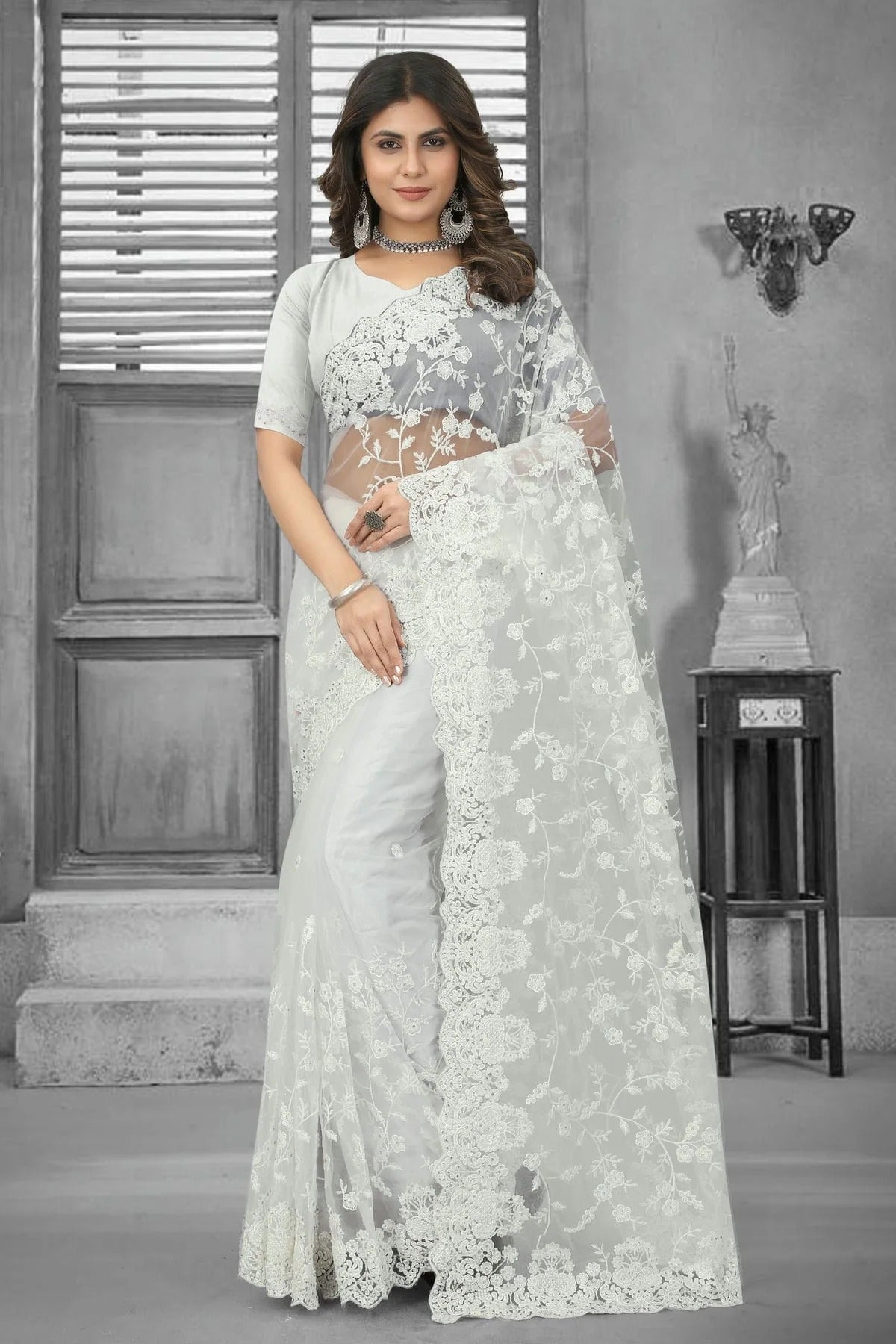 white colour net saree sd1090841