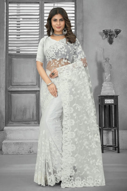 white colour net saree sd1090841