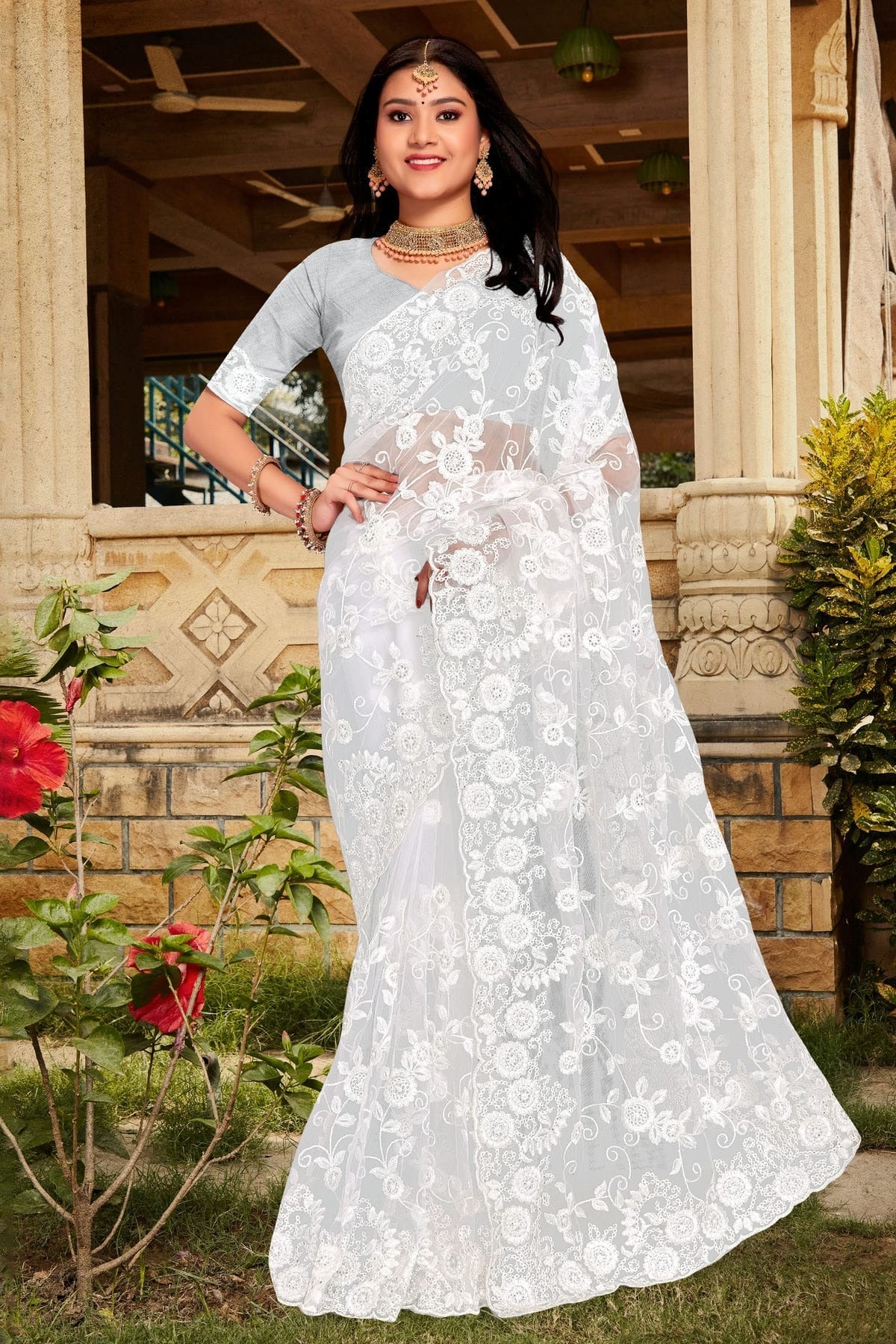 white colour net saree sd1090853