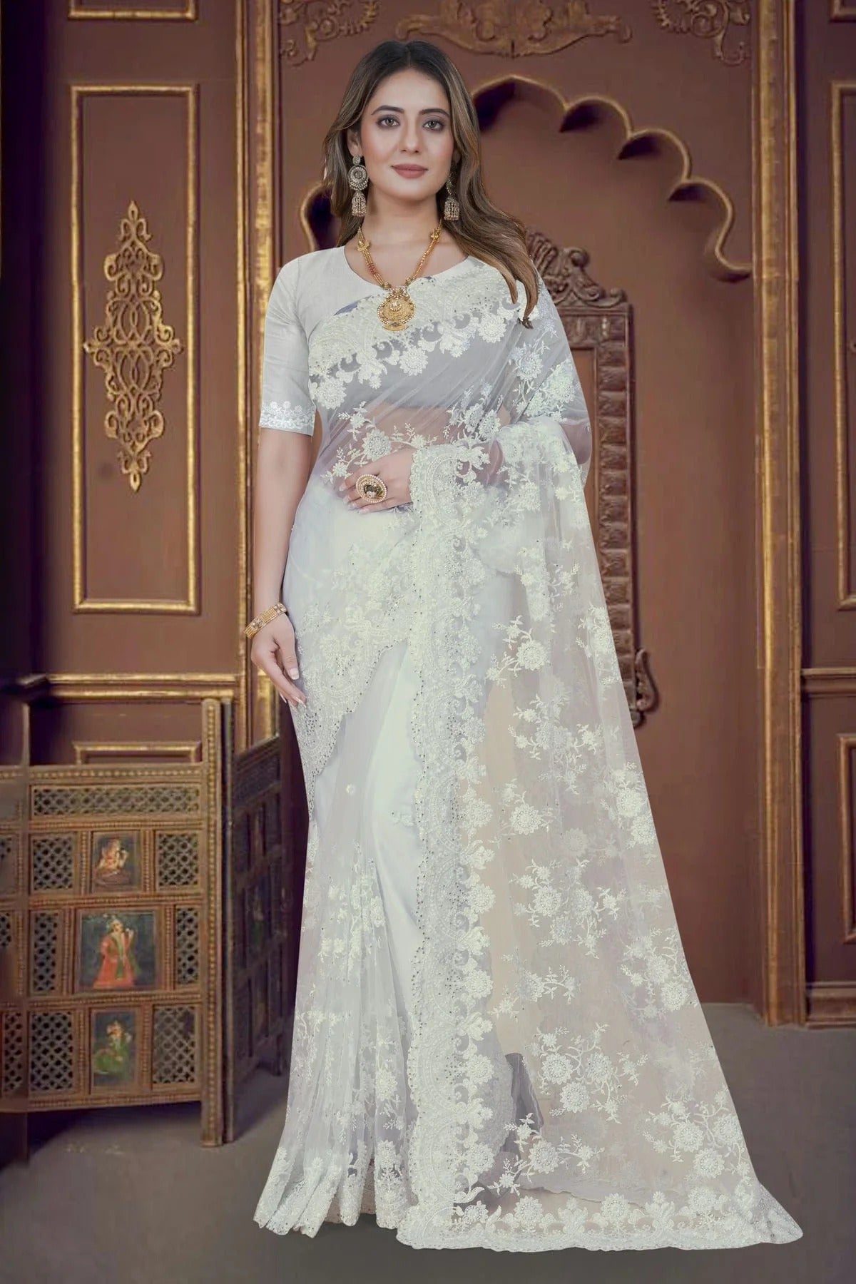 white colour net saree sd1090906