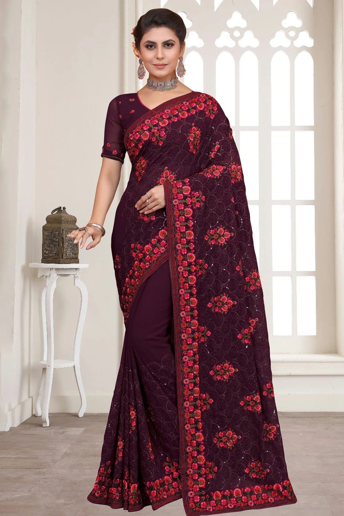 wine colour georgette saree sd1090778
