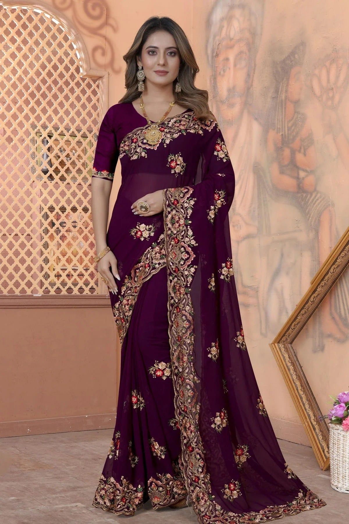 wine colour georgette saree sd1090872